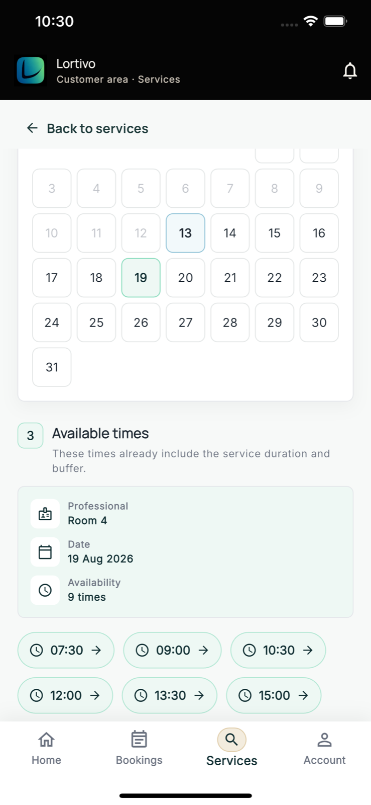 Área de cliente y selección de horario en Lortivo